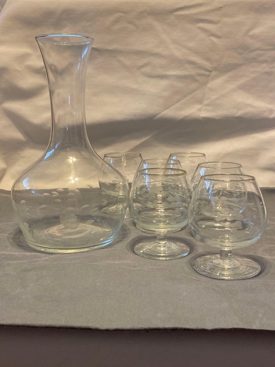 Princess House Heritage Etched Glass Decanter and 6 Petite Brandy Snifters