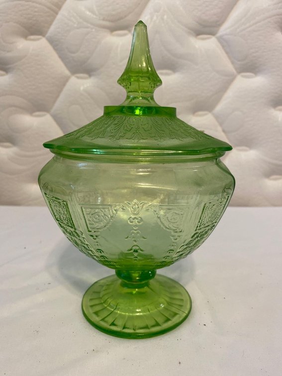 Vintage Hocking, Princess, Green Glass Pedestal Dish with Lid