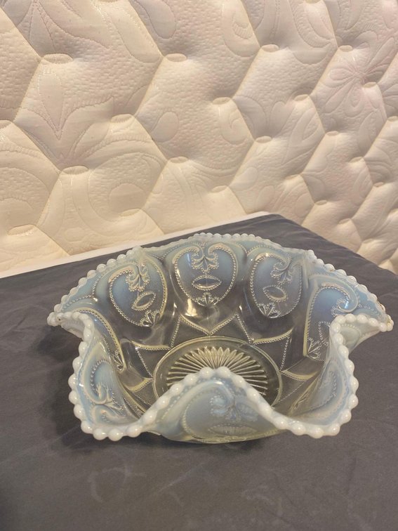 Vintage Jeweled Heart White Opalescent Dish by Dugan Glass