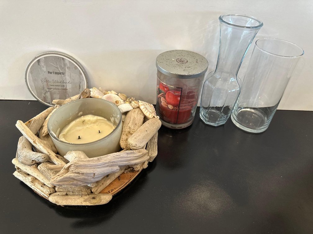 Mixed Lot of Candles, Candle Holder, and Glass Vases