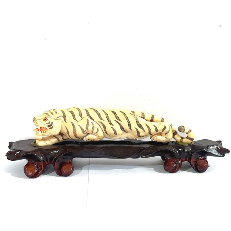 Carved Bone Tiger on Wood Stand