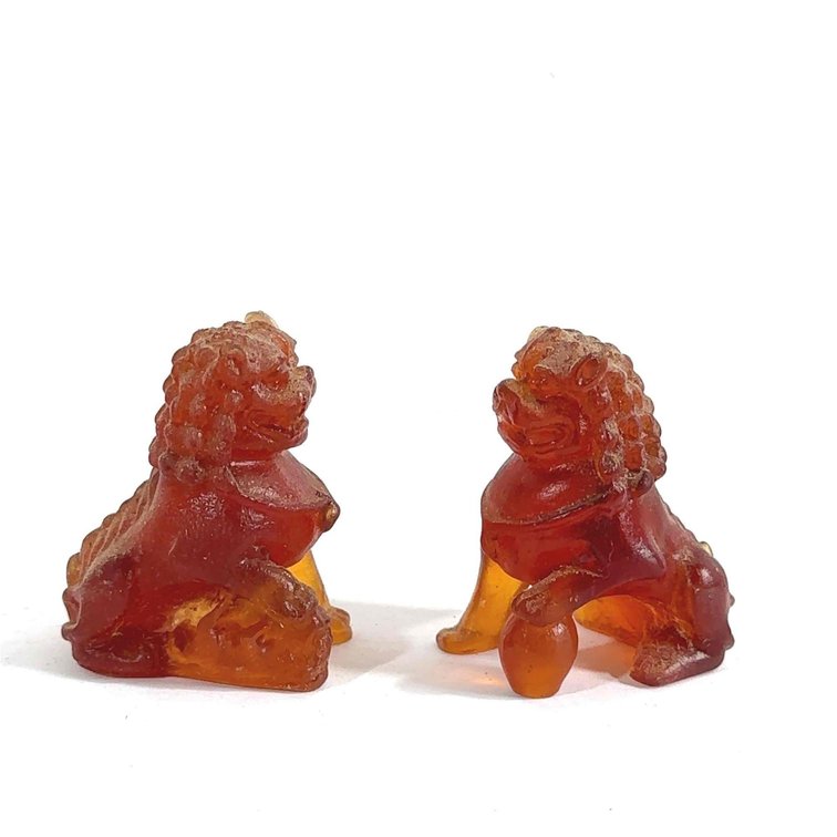 (X's 2) Vintage China Red Amber Hand Carved Foo Dog Lions