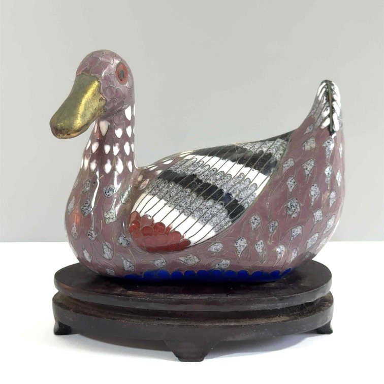 Vintage Metal Cloisonné Duck on Wood Mount