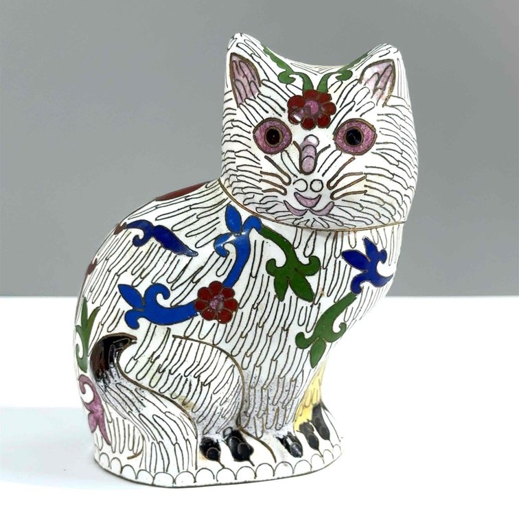 Vintage Metal Cloisonné Floral and White Cat