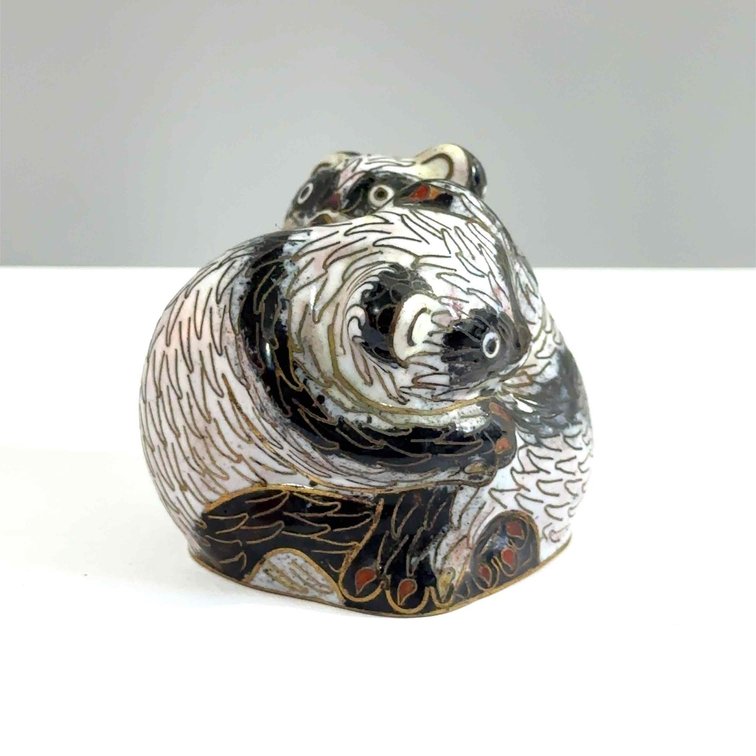 Vintage Chinese Metal Cloisonné Hugging Pandas Figurine