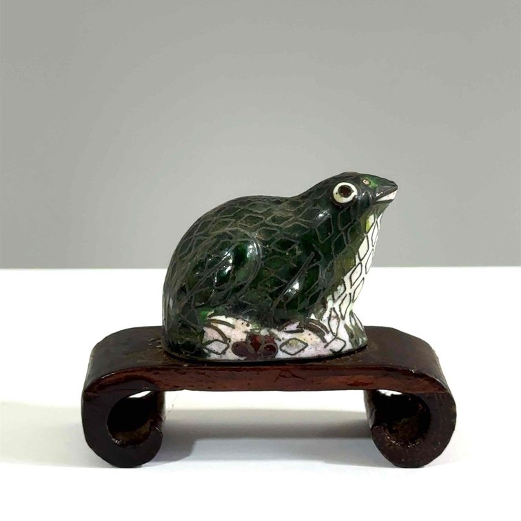 Vintage Metal Cloisonné Frog on Wood Mount