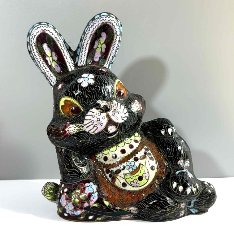 Vintage Metal Cloisonné Black Rabbit