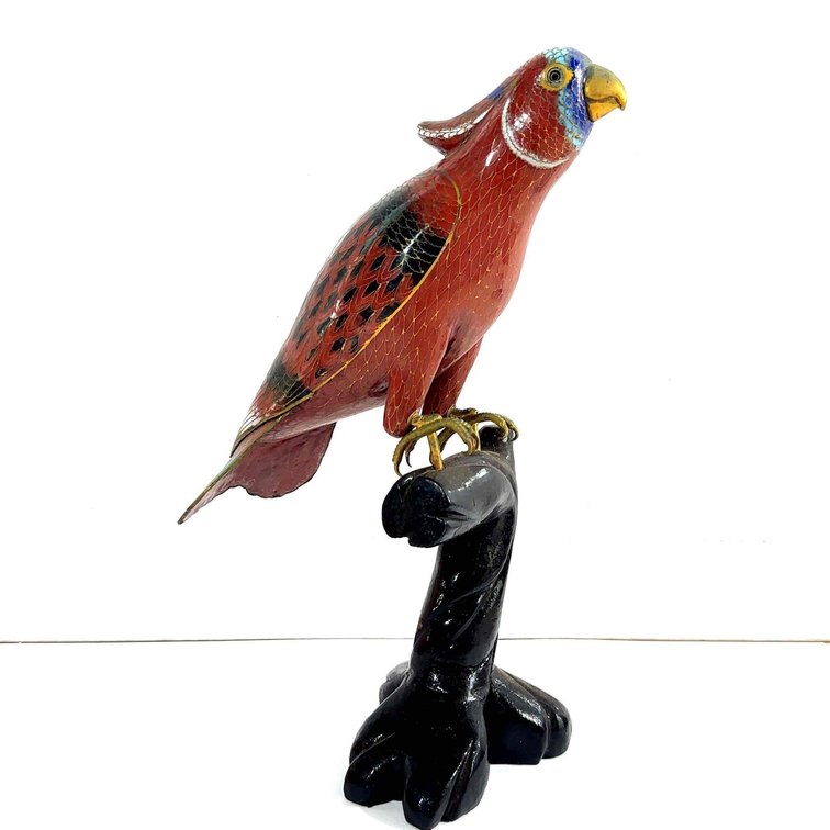 Vintage Cloisonné Parrot Bird on Wood Perch