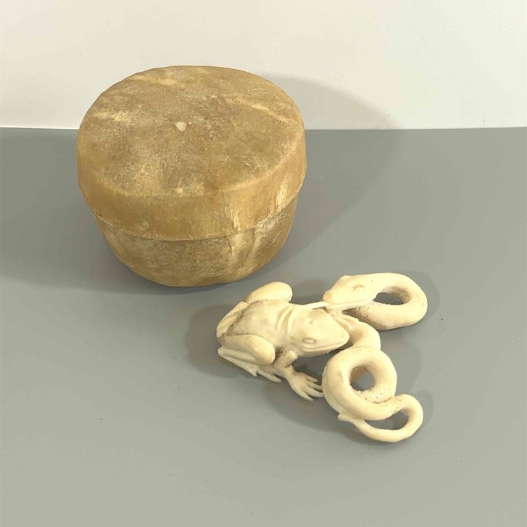 Bone Carving of Snake and Frog with Hide Trinket Box
