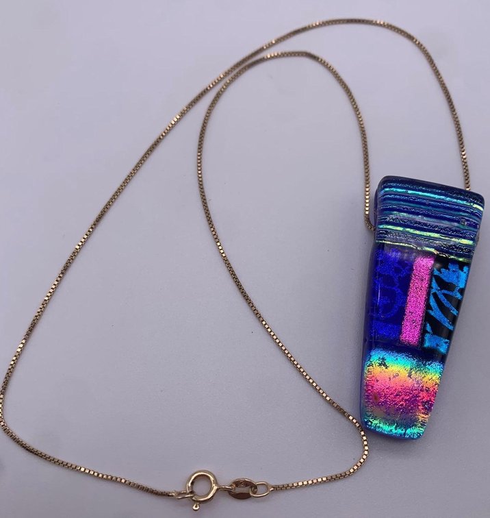 Dichroic Glass Pendant w/ 925 Gold Color Chain