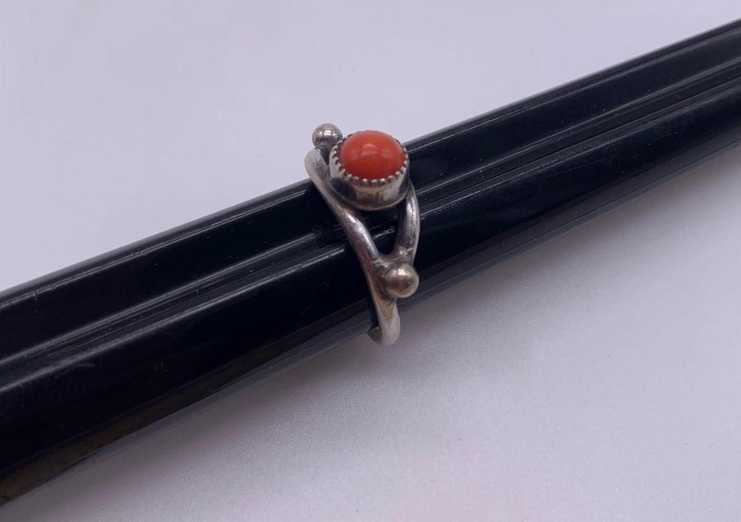 Sterling Silver & Red Coral Cabochon Ring Sz 5.5
