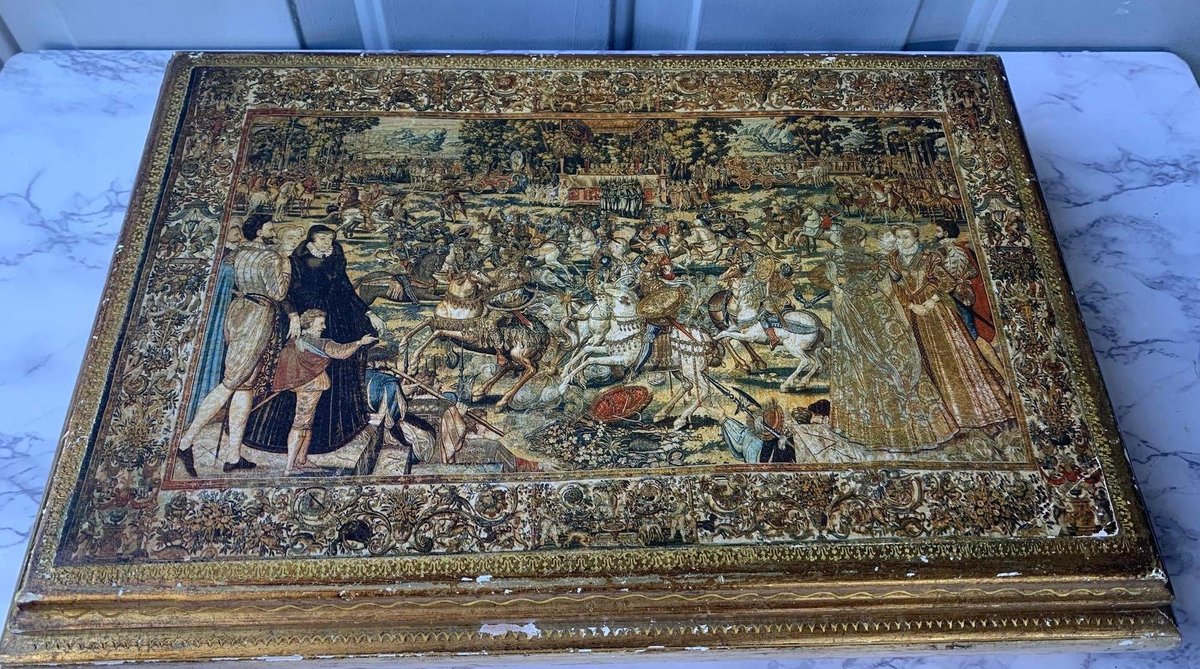 Vintage Victorian Battle Scene Painted Jewelry Box in Gold