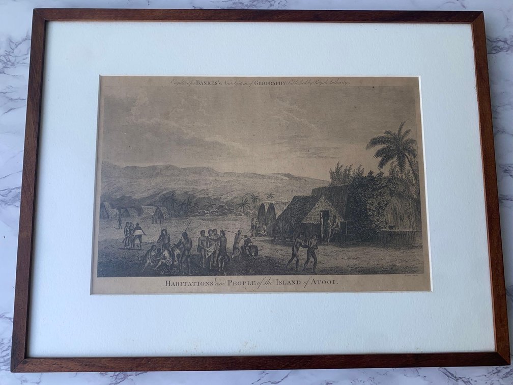 Koa Framed Antique Engraving Banke’s Habitations and People of the Island of Atooi