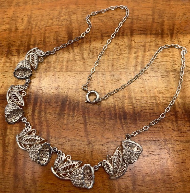 Vintage Sterling Silver Filigree Floral Necklace Marked FOREIGN