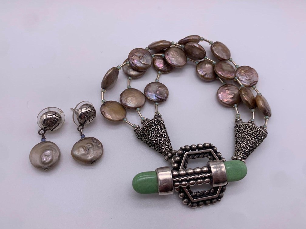 Sterling Silver Turquoise & Disc Pearl Bracelet w/ Earrings