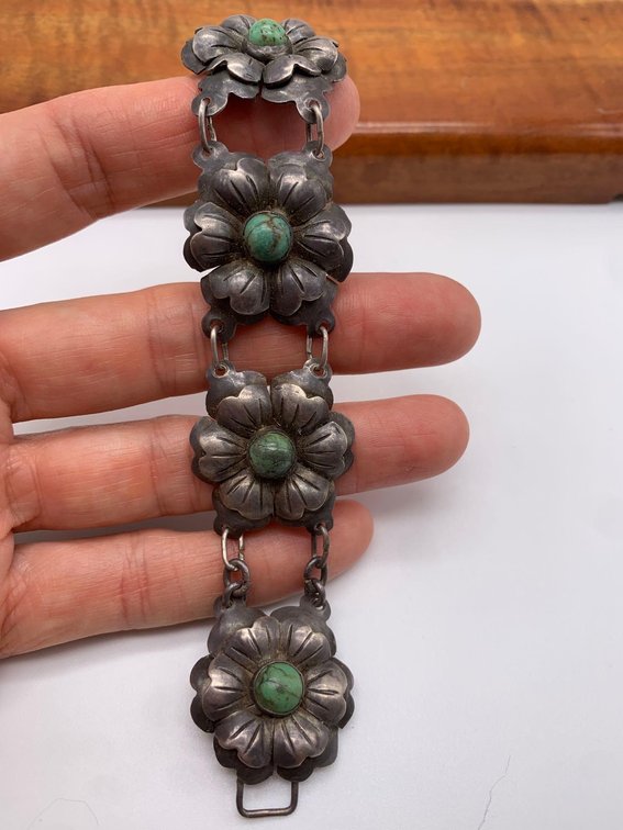 Vintage Heather Sterling Silver & Turquoise Flower Panel Bracelet