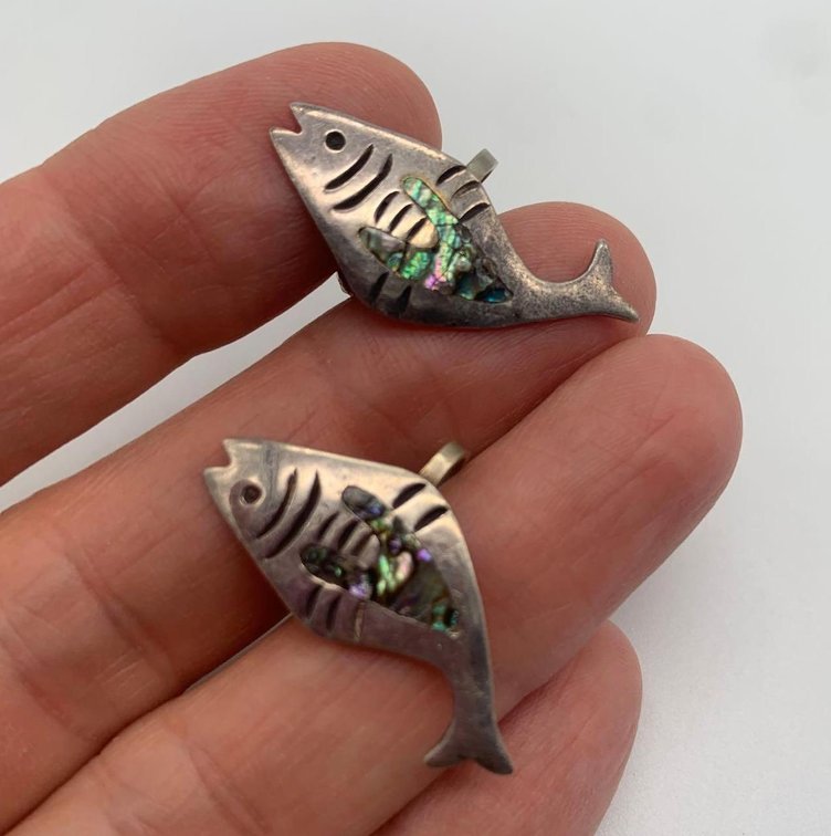 Vintage Fish Earrings Screw Back w/ Abalone