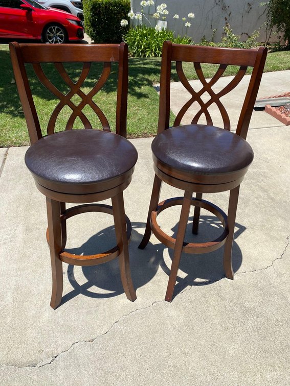 (X's 2) Dark Wood Leather Upholstered Swivel Barstools