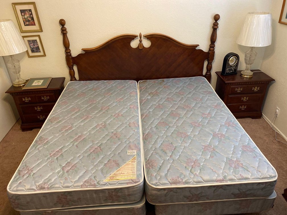 King Size Bed Frame and Headboard with Four Twin Mattresses