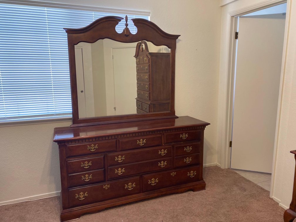 64" x 18" x 84" Vintage Dark Wood Vanity Dresser with Mirror