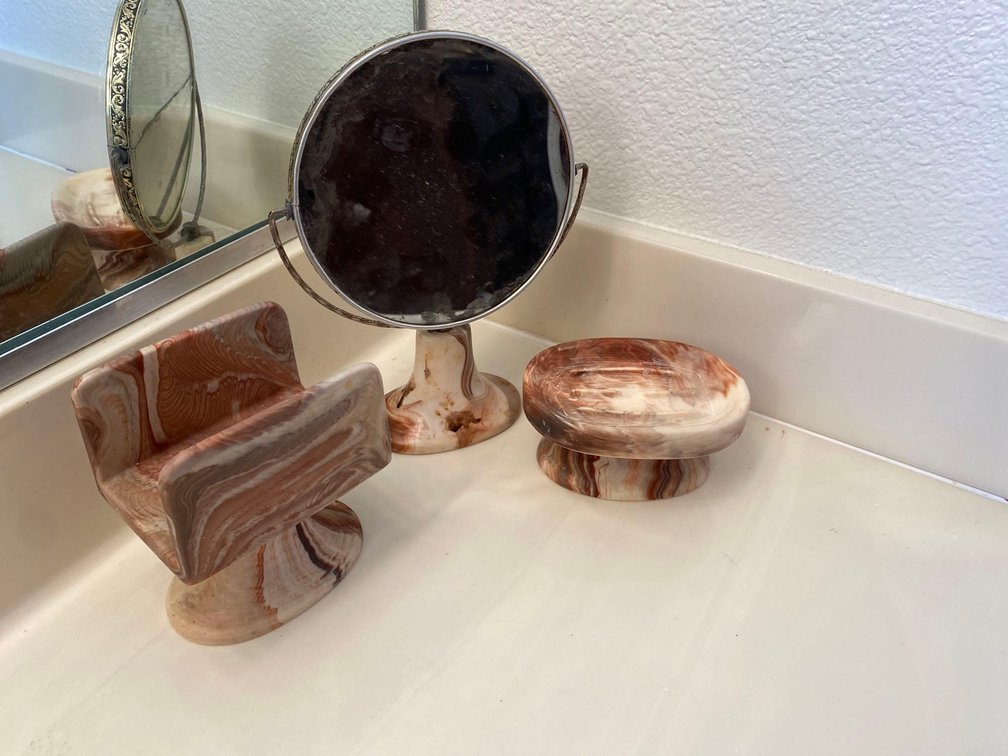 Matching Set of Bathroom Vanity Mirror, Soap Holder, and Napkin Holder