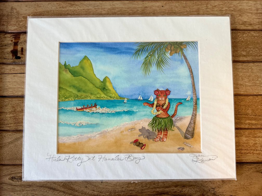 Hula Kitty at Hanalei Bay signed by Jonna Carolan