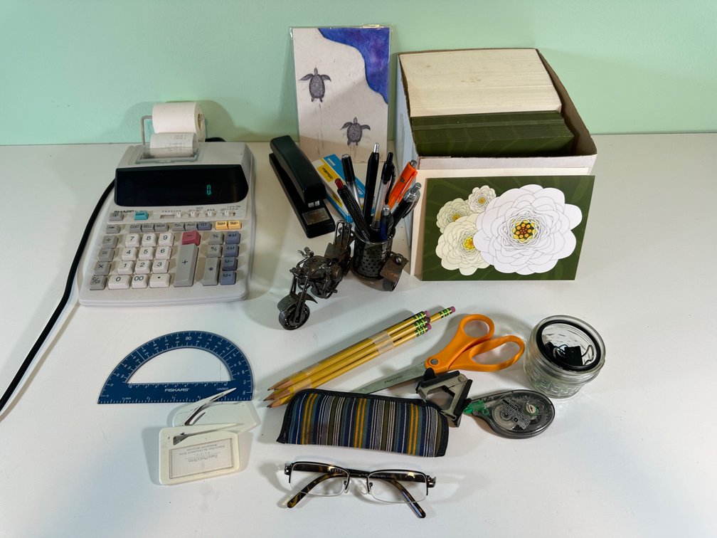Office Essentials Lot: Calculator, Pencils, Blank Cards, Pens, and More!