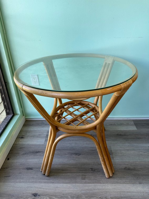 Round Glass Top Rattan Table – Approx. 29” Diameter