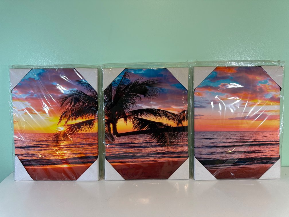 Set of Three Vibrant Beach Sunset Wall Art Pieces 