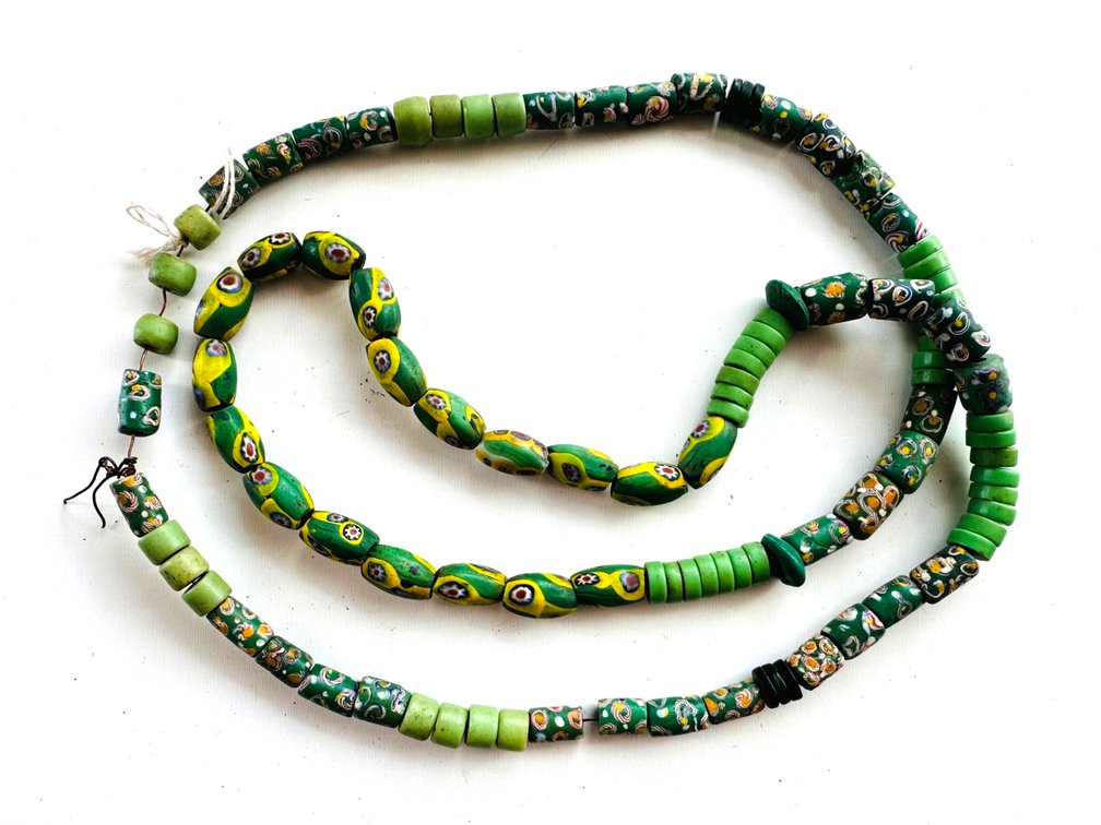 Venetian Millefiori African Trade Bead Necklace – Vibrant Shades of Green