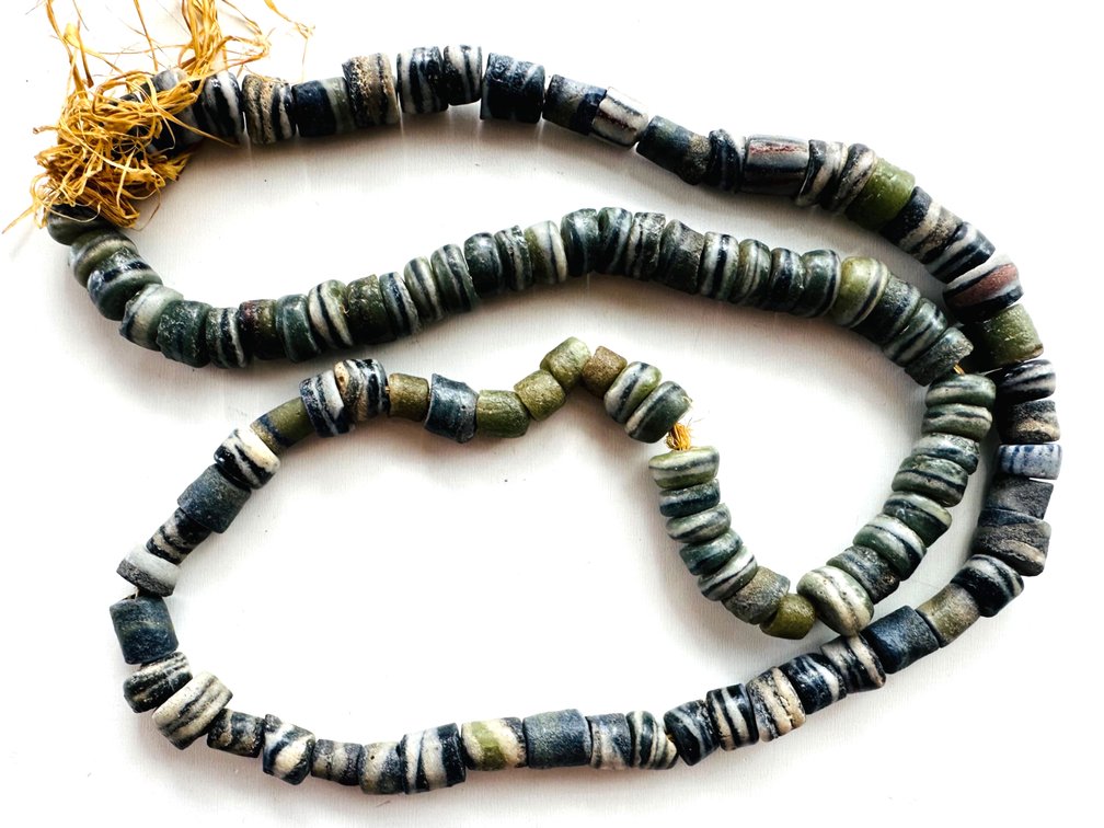 Glass Bead Necklace Strung on Raffia – Earthy Tones