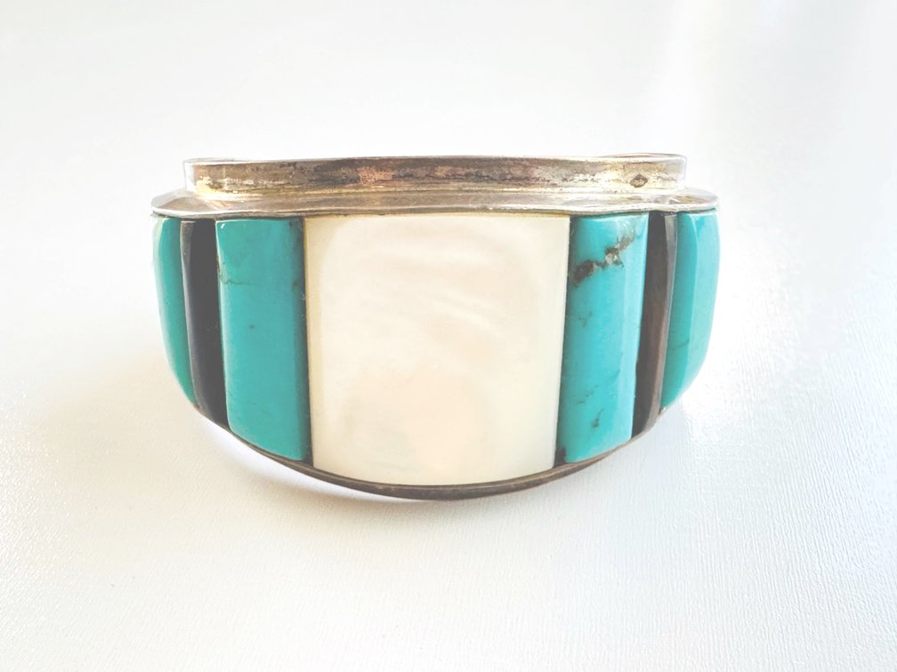 Unique Cuff Bracelet with Turquoise and Mother of Pearl Inlay
