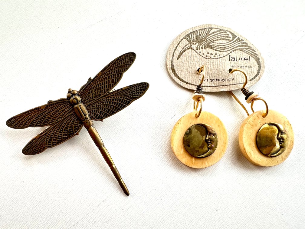 (X's 2) Unique Jewelry Set: Bone & Moon Face Earrings with Dragonfly Pin