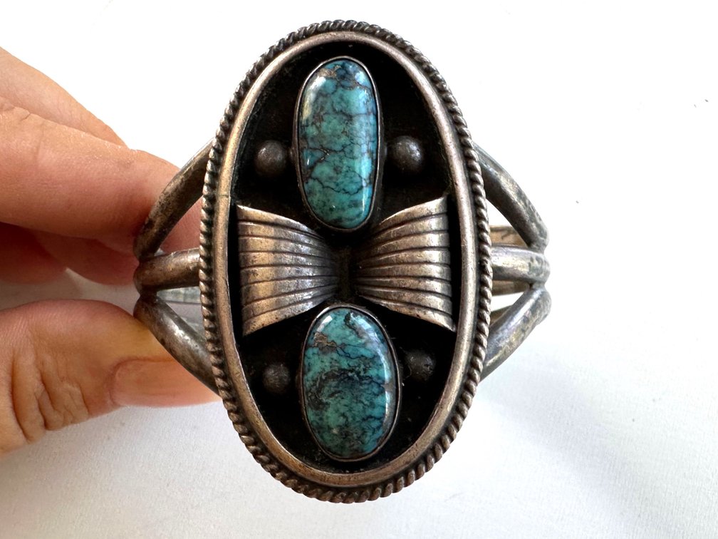 Unique Unmarked Sterling Silver Cuff Bracelet with Turquoise Inlay