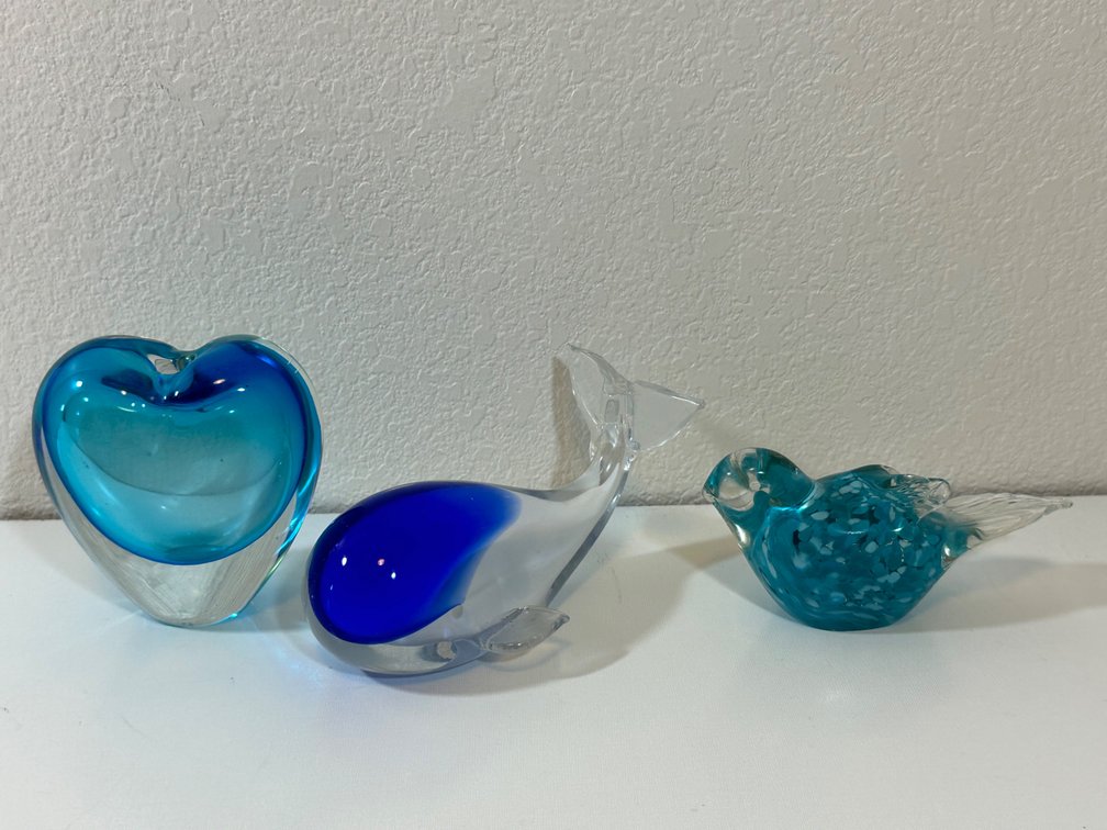 (X's 3) Collection of Blue Glass Decorative Items - Heart, Whale, and Bird