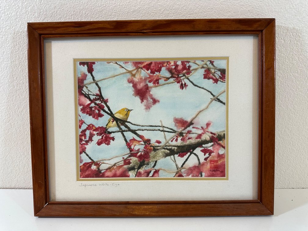 "Japanese White-Eye" by Emily Miller – Framed Watercolor by Kauai Artist