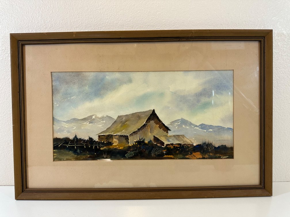 Framed Landscape Watercolor by Griffiths – Rustic Barn and Mountain Scene