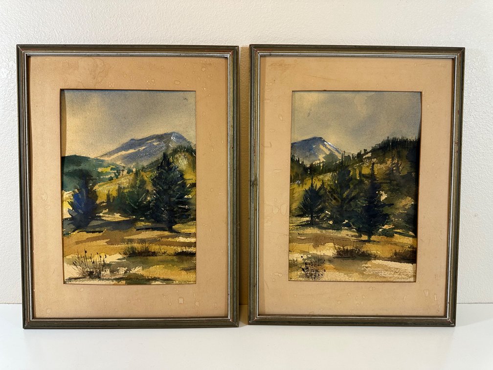 (X's 2) Pair of Framed Landscape Paintings – Rustic Mountain Scenes
