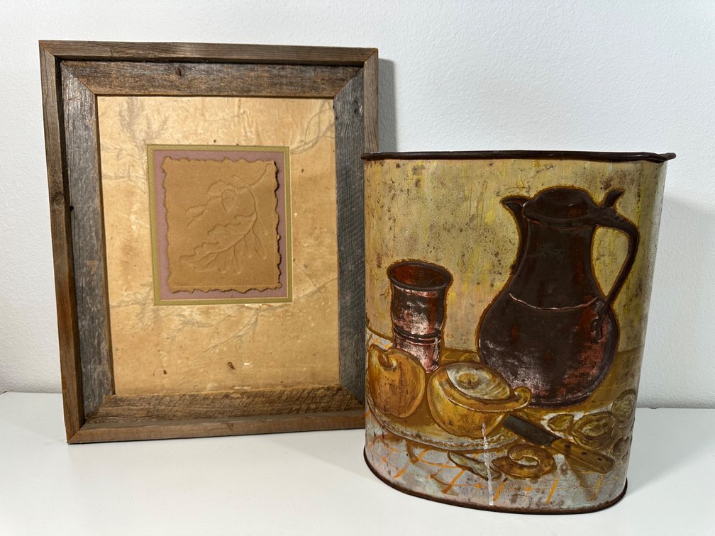 Rustic Themed Décor Set - Metal Waste Bin & Framed Paper Art