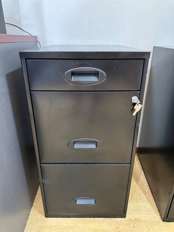 Black Metal Three Drawer Filing Cabinet with Lock and Key