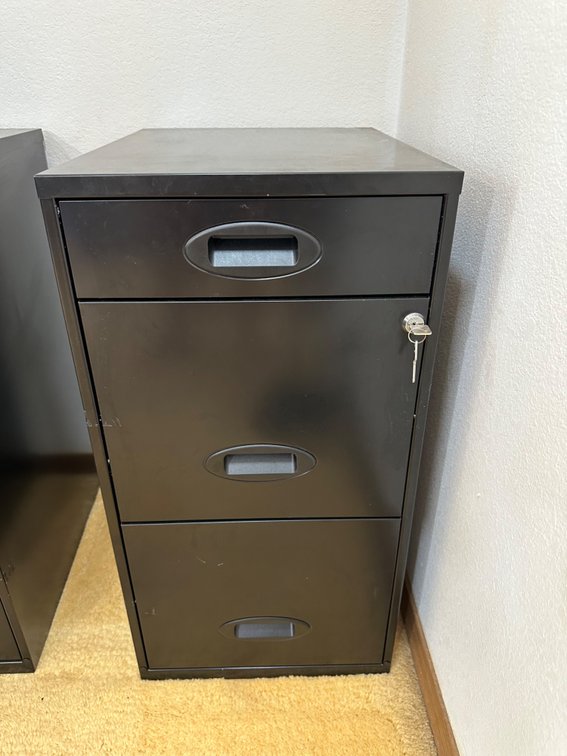 Black Metal Three Drawer Filing Cabinet with Lock and Key