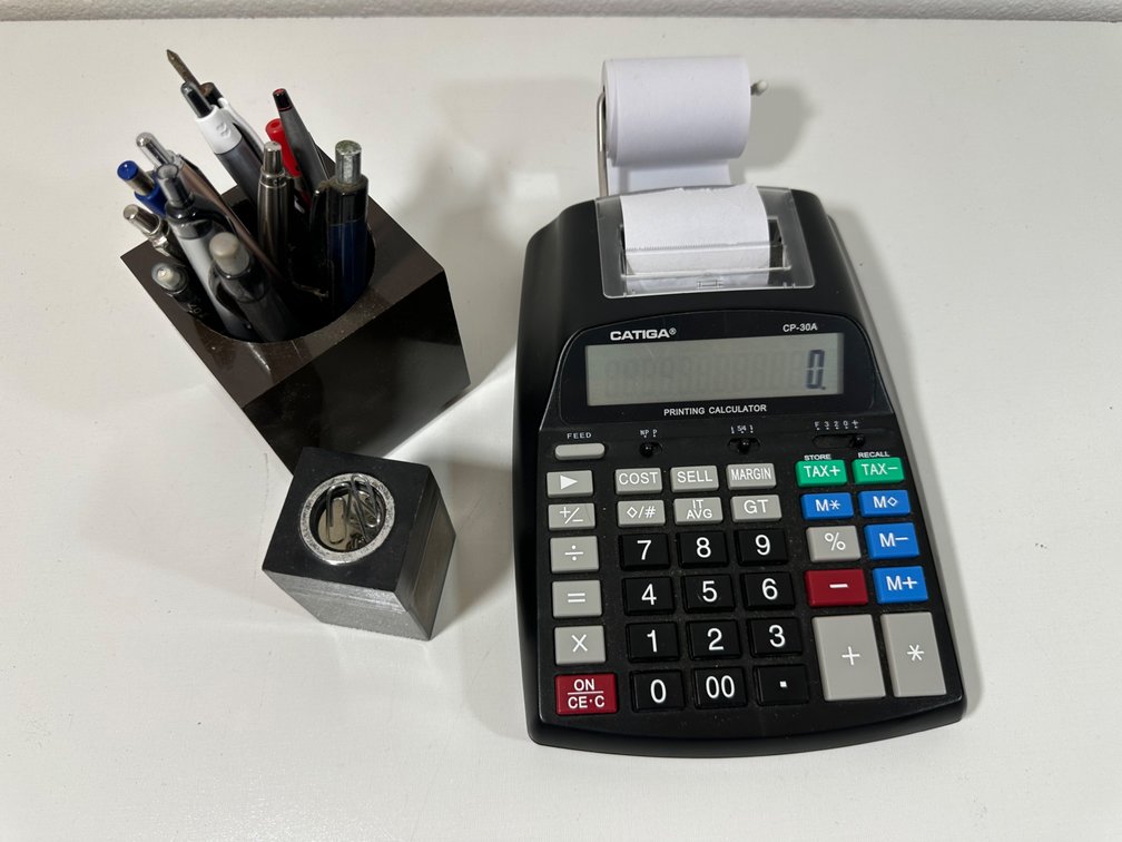 Office Supplies Set – Printing Calculator, Pen Holder, Pens, and Paperclip Holder