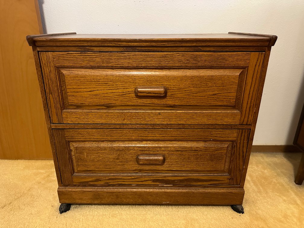 Oak Wood Two-Drawer Filing Cabinet – Approx. Sturdy and Spacious, 34" x 18.5" x 31" 
