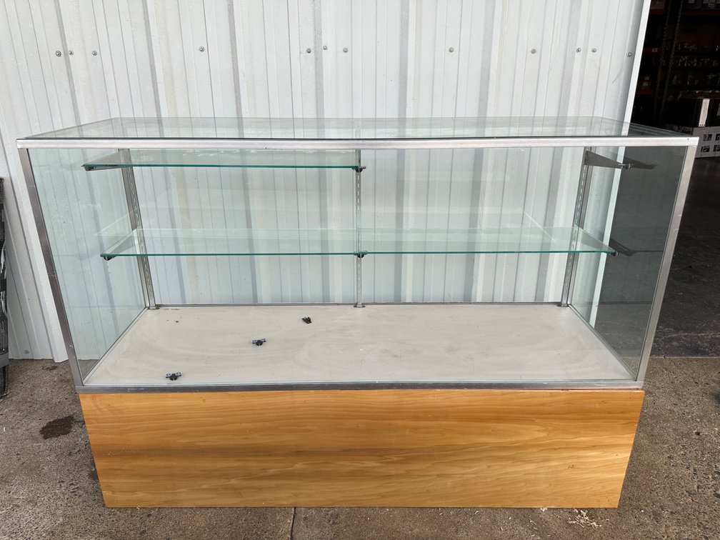 Glass Display Case with Wood Base and Unattached Glass Doors – Approx. 60" x 20" x 42"