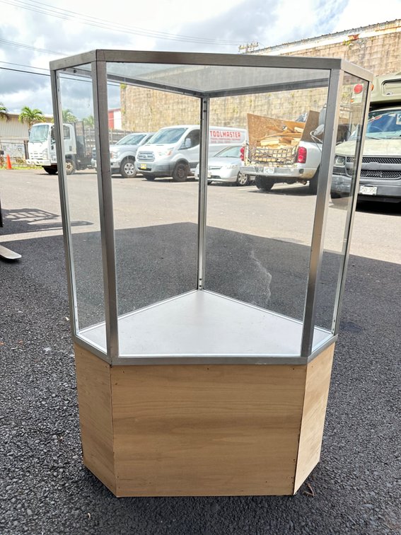 Corner Glass Display Case with Wood Base, Two-Piece Design, No Back Doors - Approx. 42" Height