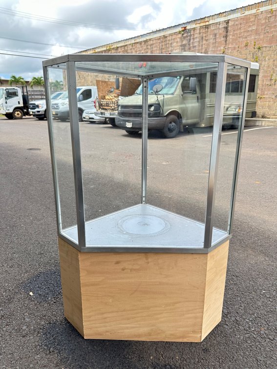 Corner Glass Display Case with Wood Base, Two-Piece Design - Approx. 42" Height, No Back Doors
