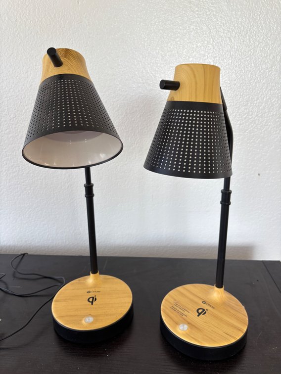 Ott Lite Wellness Series Wireless Charging LED Table Lamps, Black with Woodgrain Accents