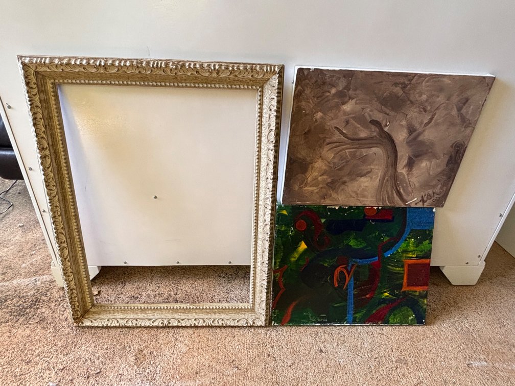 Large Portrait Frame and 2 Painted Art Pieces