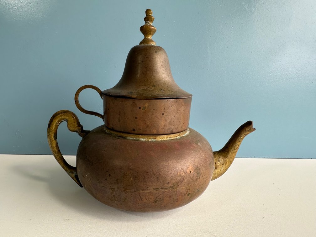 Vintage Copper and Brass Three-Piece Pot, Cup, and Bell Set
