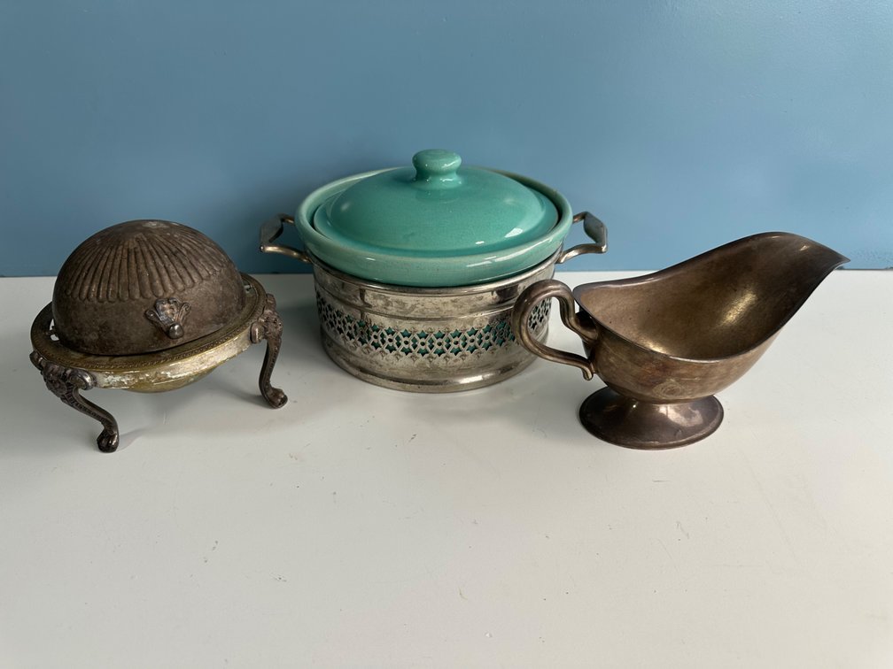 Elegant Vintage Serving Set – Gravy Boat, Ceramic Crock in Metal Caddy, and F.B. Rogers Silver Co. Caviar Server
